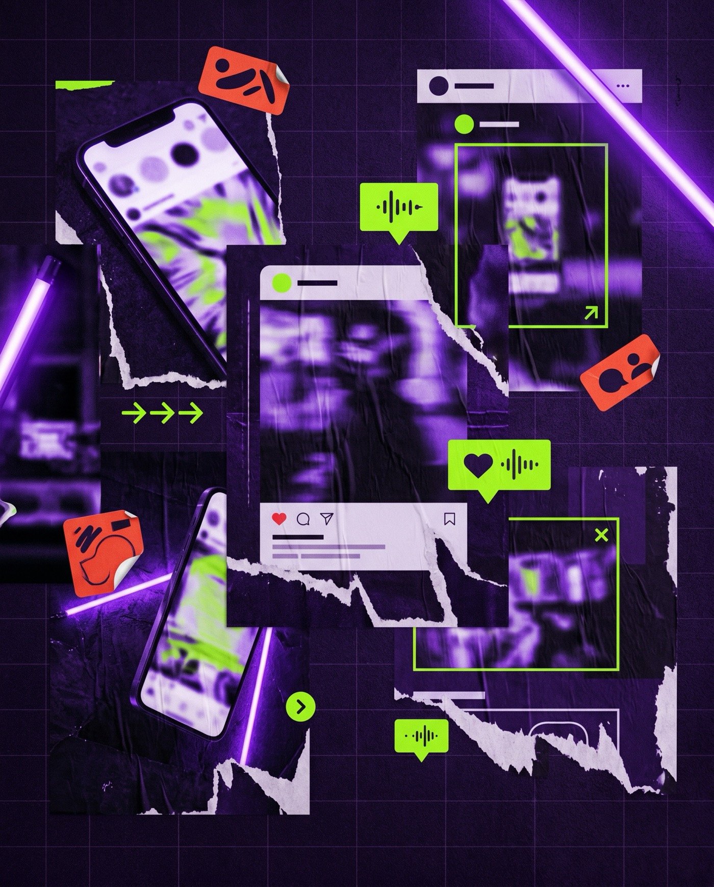 Collage visuel social media violet, vert acide et orange pour Pixtyse