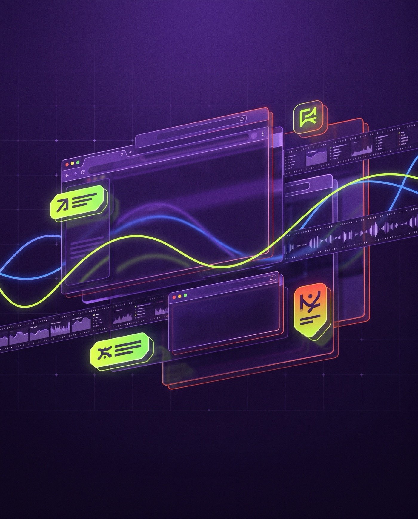 Interface web motion sombre avec lignes de performance et cartes superposees